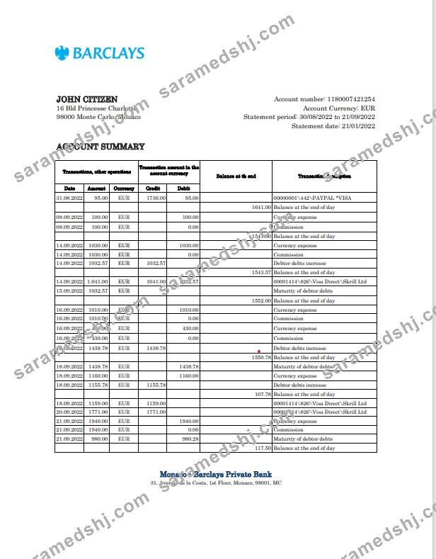 Monaco Barclays Private bank statement Excel and PDF template
